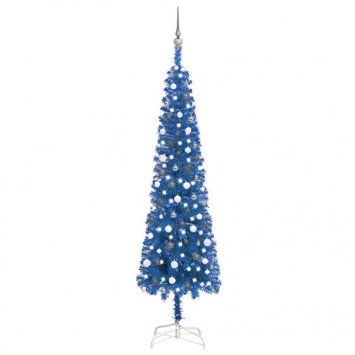 Árbol de Navidad de diseño estrecho con tira de luces LED y bolas 240 cm en color azul VidaXL