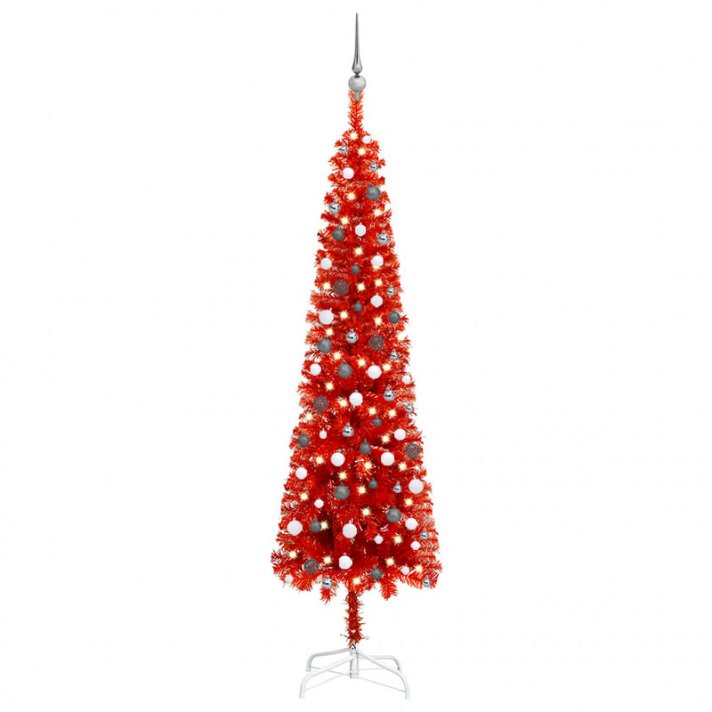 Árbol de Navidad de diseño estrecho con tira de luces LED y bolas 240 cm en color rojo VidaXL