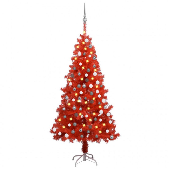 Árbol artificial de Navidad decorado con luces led y adornos color rojo de 150 cm Vida XL