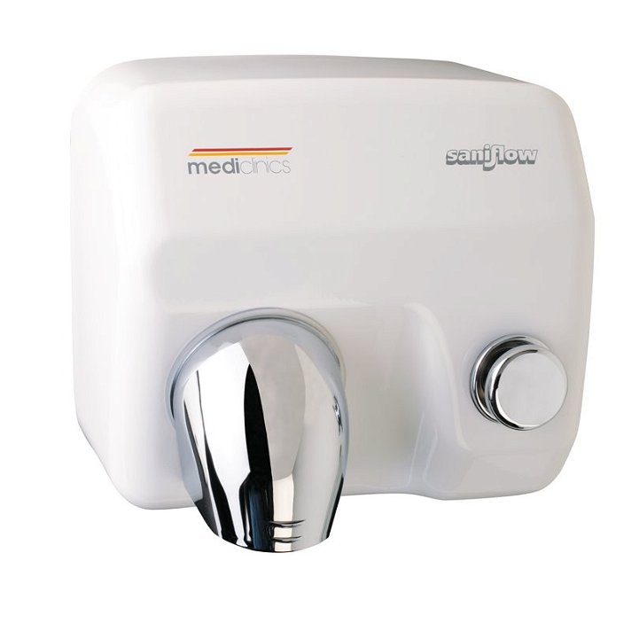 Secador manual com botão de acionamento fabricado em aço de 4,6K de cor branco Saniflow Mediclinics