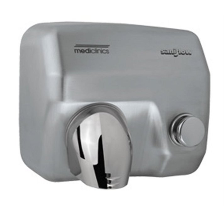 Secador manual com botão de acionamento fabricado em aço de cor cinzento Saniflow Mediclinics