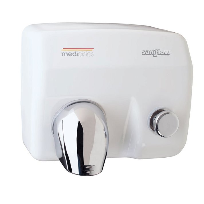 Secador de mãos manual com botão de acionamento fabricado em aço de cor branco Saniflow Mediclinics