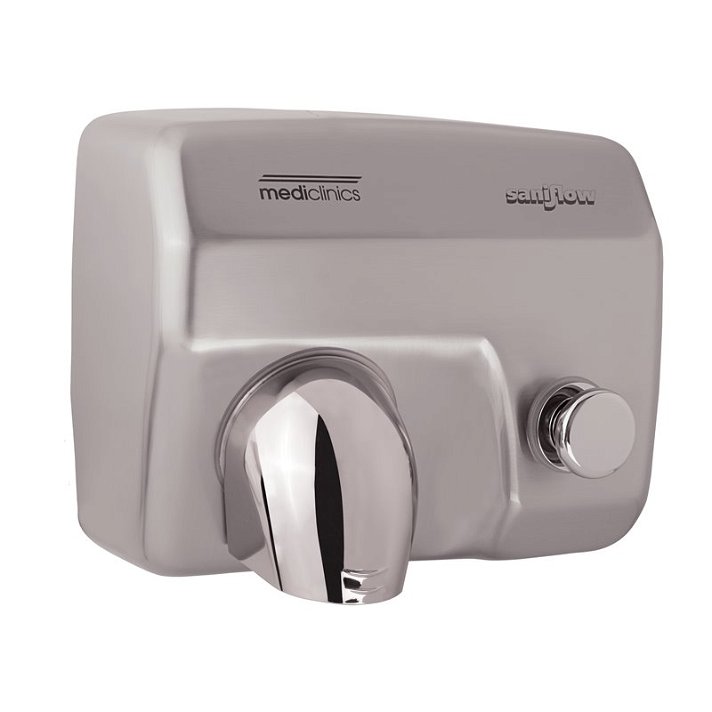 Secador de mãos manual com botão de acionamento fabricado em aço com acabamento acetinado cinzento Saniflow Mediclinics