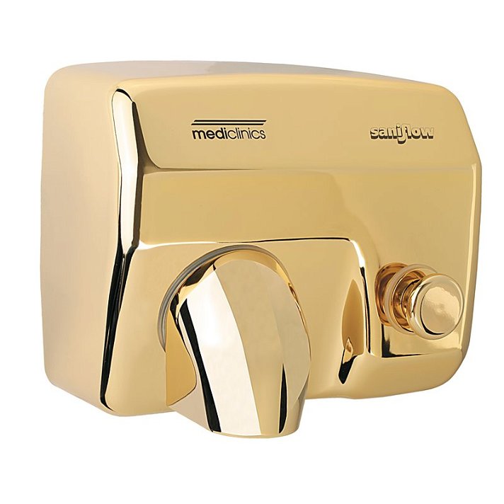Secador de mãos com botão de acionamento fabricado em aço cor de ouro Saniflow - Mediclinics