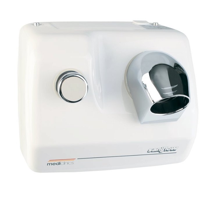 Secador de cabello manual fabricado en acero y aluminio en color blanco Saniflow Mediclinics