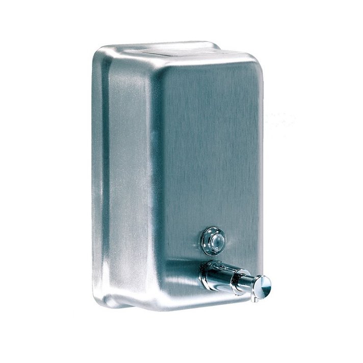 Dispensador de jabón vertical fabricado en acero con acabado satinado Mediclinics