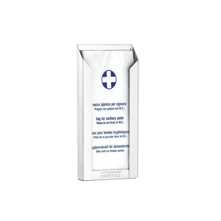 Dispensador para 50 bolsas higiénicas fabricado en acero de color blanco Mediclinics