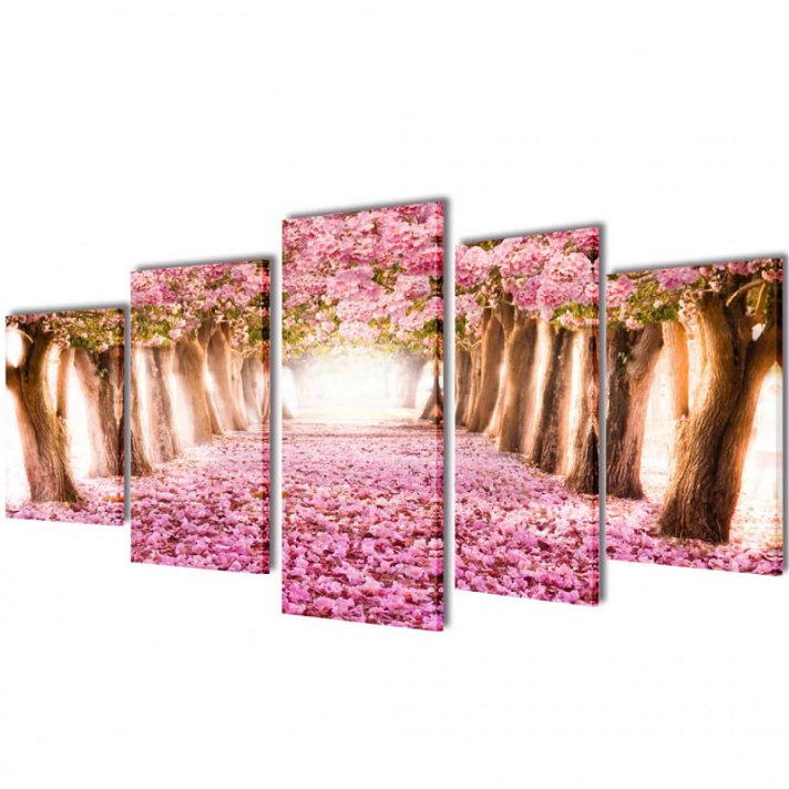Pacote de 5 painéis de parede de lona imagem de flores de cerejeira de madeira VidaXL