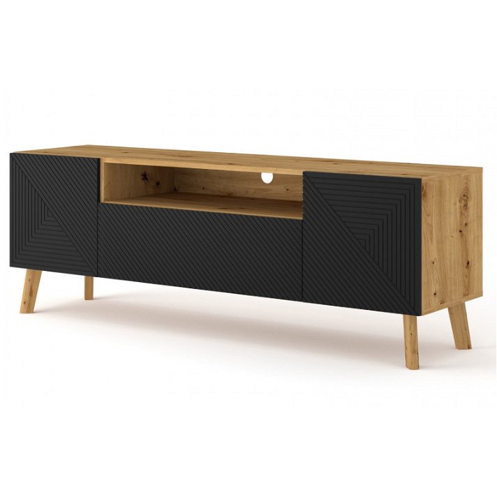 Mueble para televisión de color negro mate y roble fabricado en MDF y ABS Bim Furniture