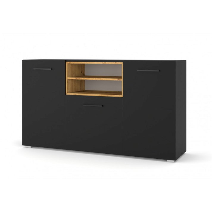 Commode moderne avec étagère centrée de couleur chêne naturel et corps noir mat Anette Bim Furniture
