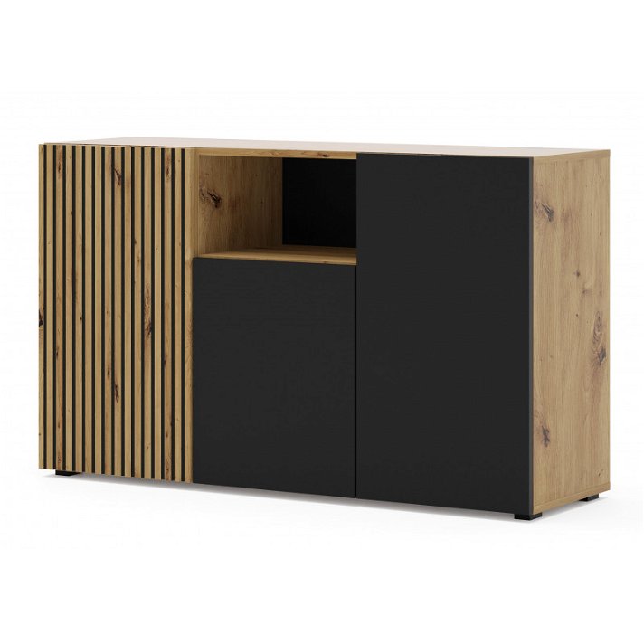Commode moderne avec façade noir mat et baguettes couleur chêne naturel Auris Bim Furniture