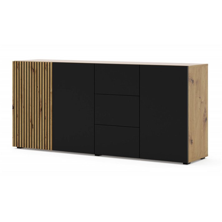 Commode avec tiroirs noir mat et porte avec baguettes de couleur chêne naturel Auris Bim Furniture