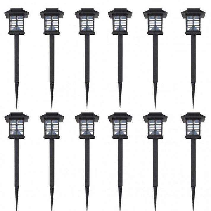 Pack de lámparas estaca solares para jardín de 12 unidades fabricadas de plástico color negro VidaXL