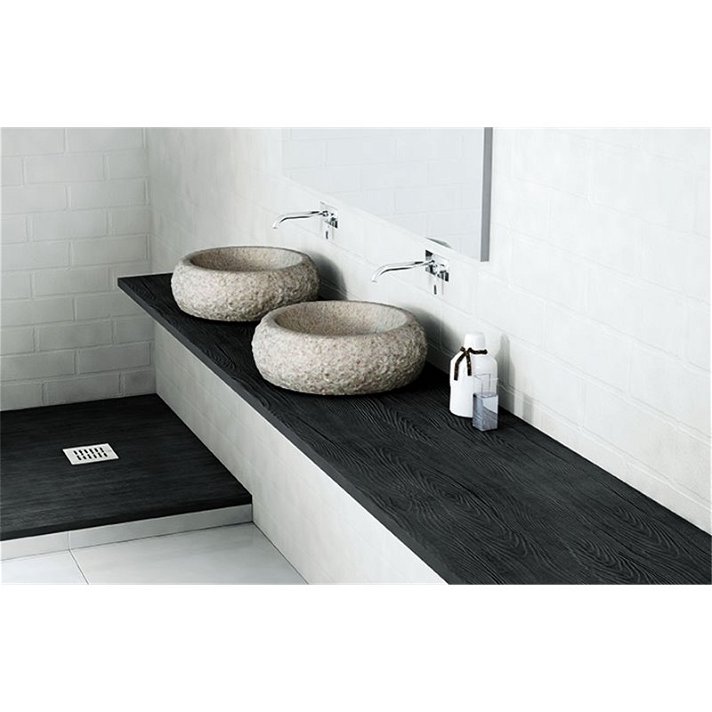 Plan de toilette sans tablier fabriqué en résine et en quartz avec texture bois Nudespol