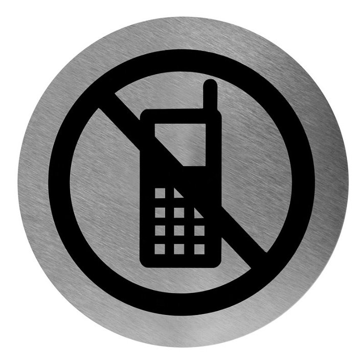 Cartello di divieto di utilizzo dei telefoni cellulari in acciaio satinato di colore nero Mediclinics