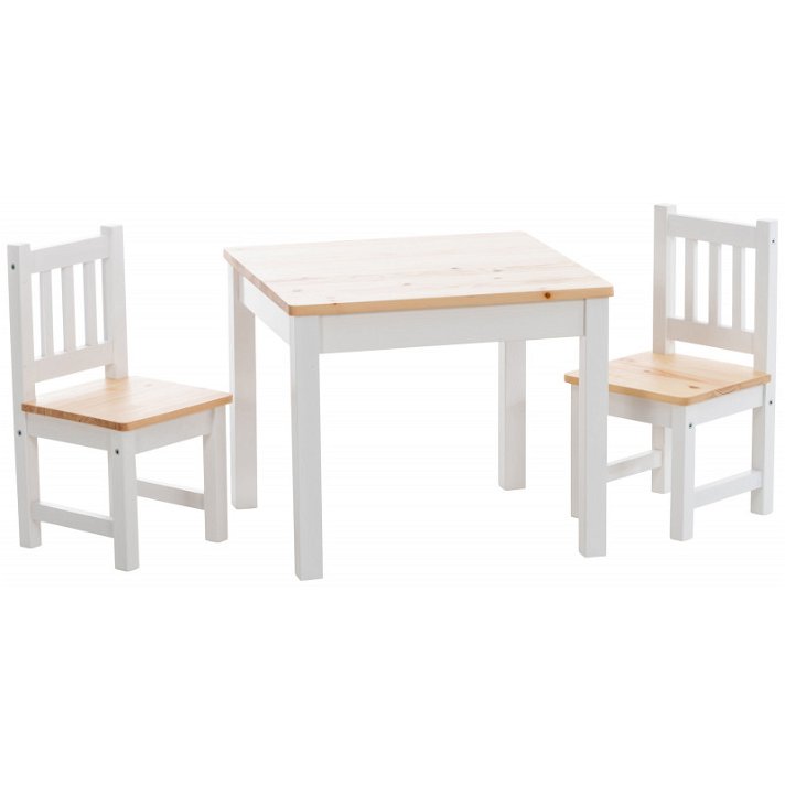 Set de mesa y sillas para niños hecho de madera color natural y blanco Mides CLP