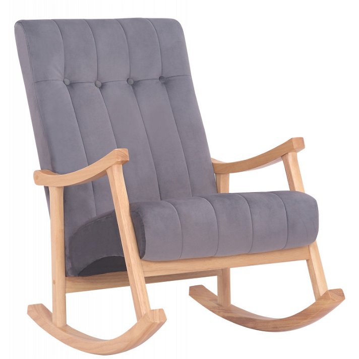 Chaise à bascule fabriquée en bois de caoutchouc et revêtue en imitation velours gris Saltilla CLP