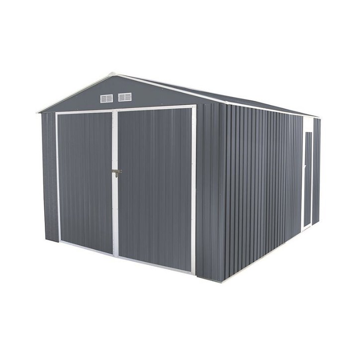 Garage en métal de couleur grise avec bordures blanches et double porte 15 m² Durham Gardiun