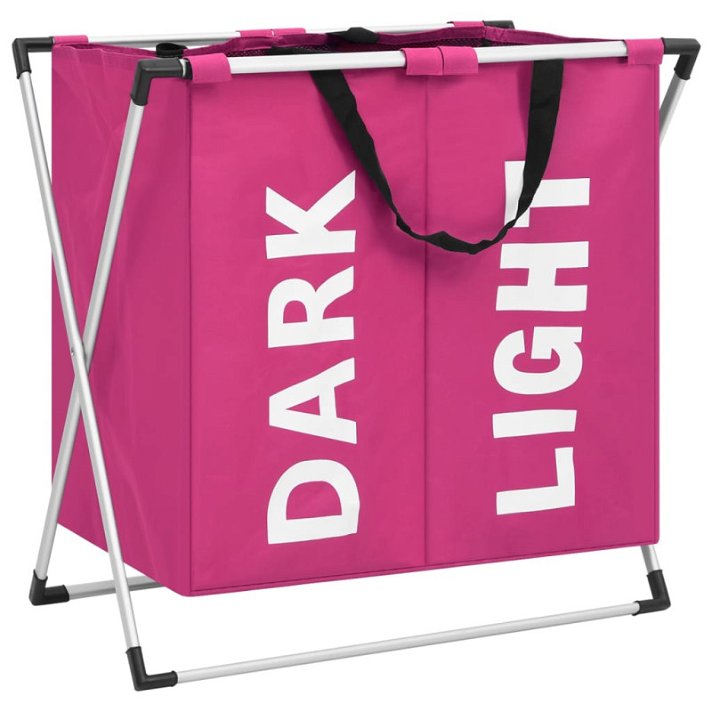 Cesto separador de ropa sucia con dos secciones de 60 cm color rosa fabricado en tela y aluminio Vida XL