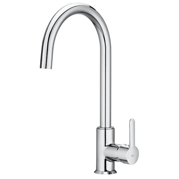 Roca Mencia kitchen sink mixer tap with curved swivel spout for deck-mounted installation