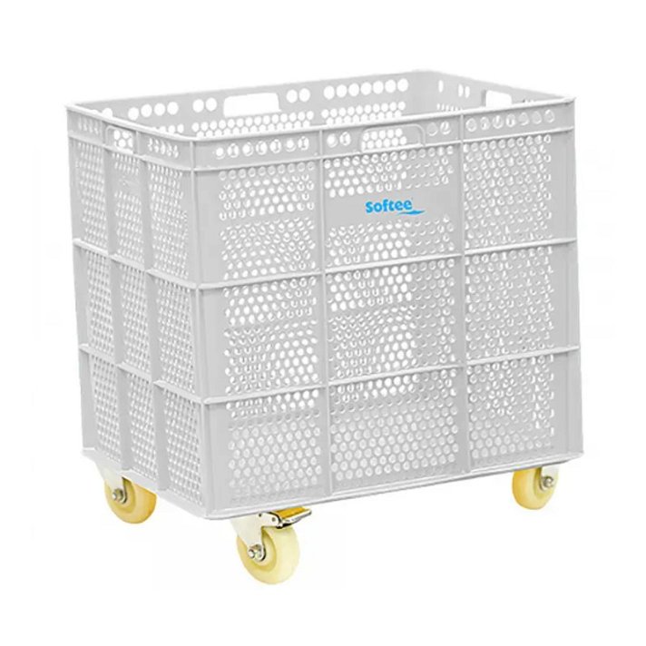 Canasta contenedora de polietileno con ruedas de transporte en color blanco Softee