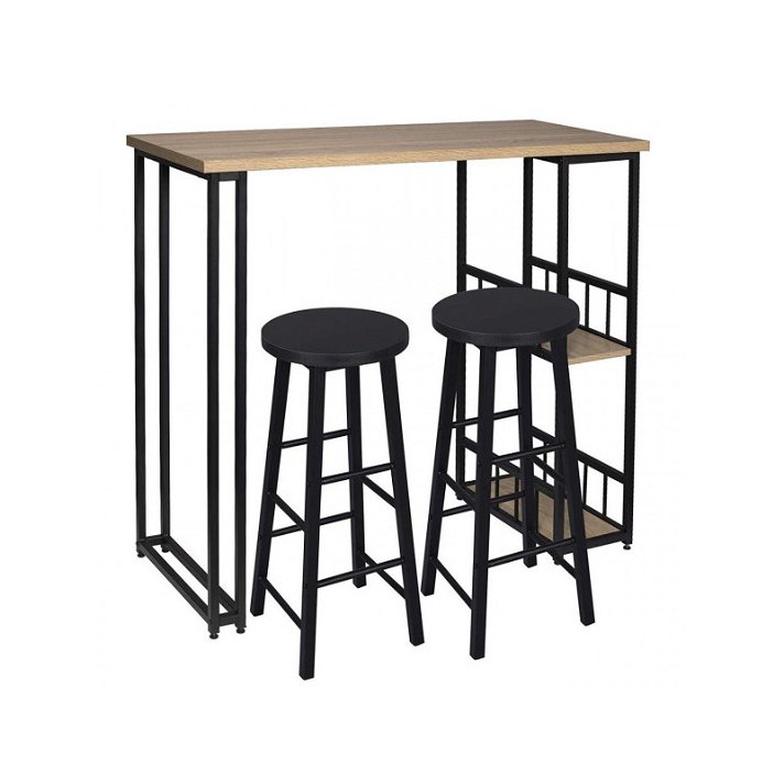 Set de mesa de bar y dos taburetes de MDF imitación madera de roble claro con dos estantes y marco de metal negro Woltu