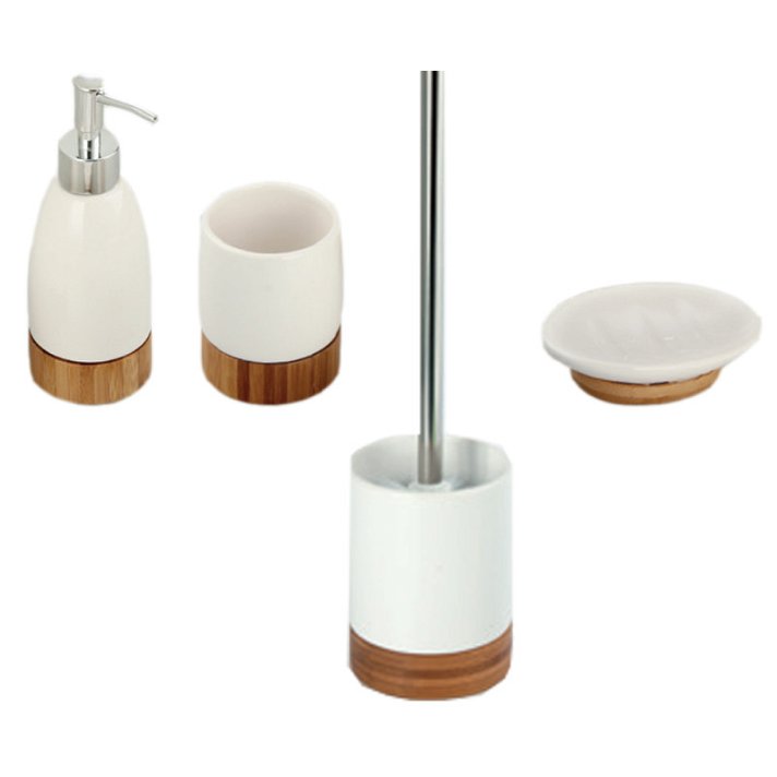 Set de escobillero con dispensador y accesorios de baño cerámicos color blanco con base de madera MSV Diempi
