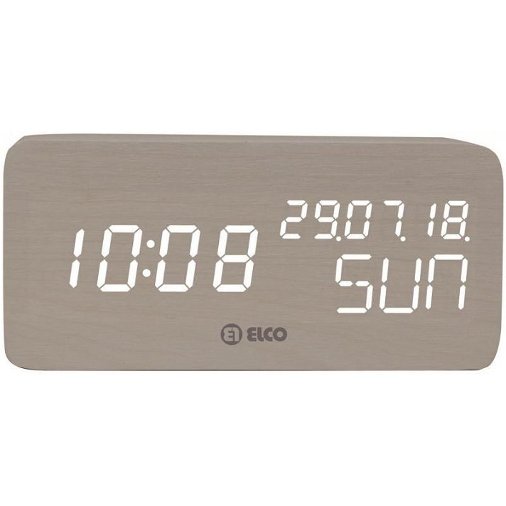 Display de hora y temperatura con dígitos LED color blanco y acabado en madera Elco Diempi