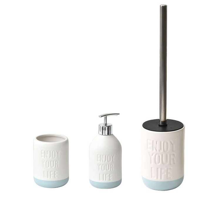Conjunto moderno de accesorios para baño fabricado en gres porcelánico color blanco y turquesa Diempi