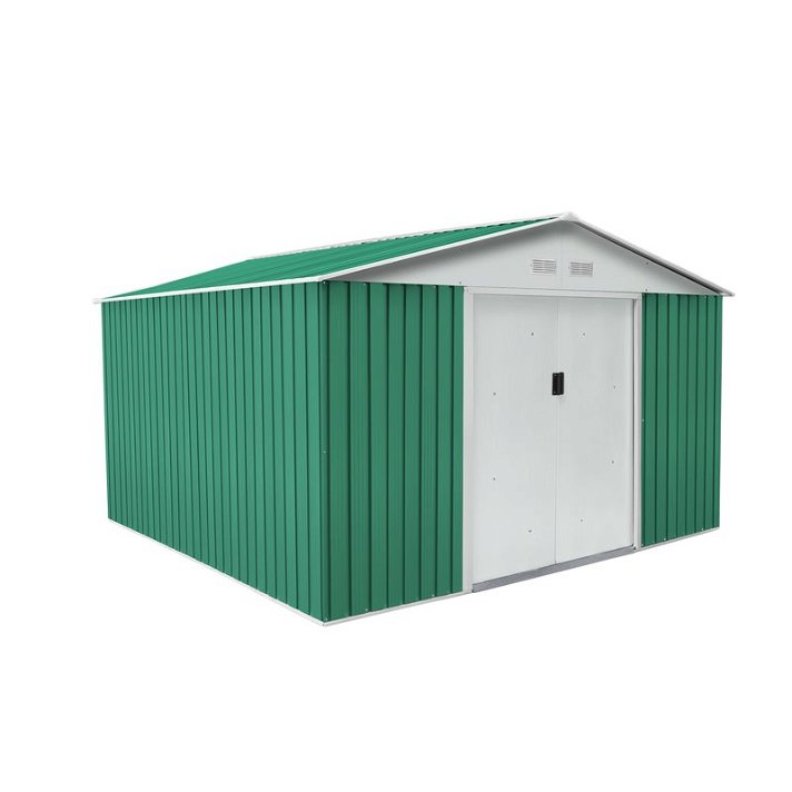 Caseta metálica para espacios de 11,59m² de acero galvanizado con acabado en verde y blanco bedford Gardiun