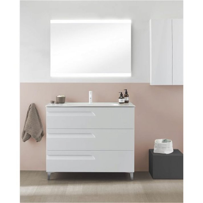 Meuble de salle de bains à 3 tiroirs avec plan vasque en céramique blanc brillant Vitale Royo