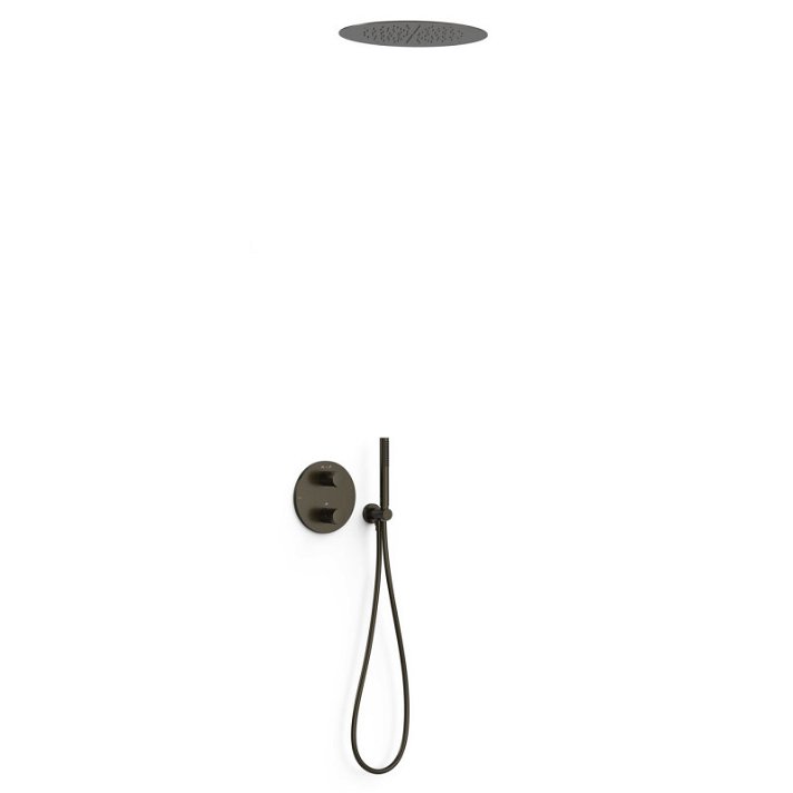 Rundes Duschset mit UP-Thermostat Armatur Überkopfbrause und Handbrause in schwarzer Bronze Therm-Box von Tres