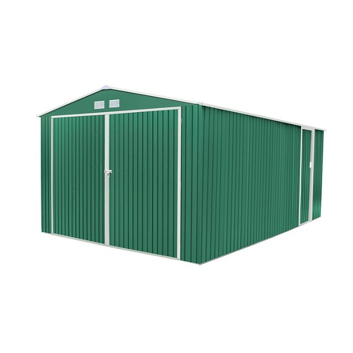 Garaje metálico para espacios de 20,52m² con un acabado en color verde y blanco Oxford Gardiun
