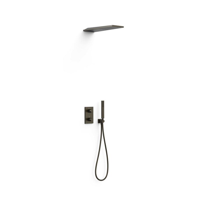 Kit de grifo termostático empotrado de 2 vías con ducha de mano y rociador de ducha color negro bronce Project Tres