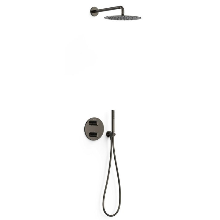 Kit de ducha redonda empotrada con teleducha y grifo termostático color negro metalizado Study Exclusive TRES