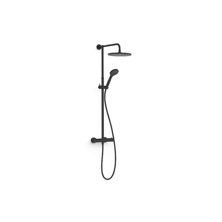Coluna de duche com torneira termostática de parede de 2 vias e duche de mão em latão e ABS preto-mate Base Plus TRES