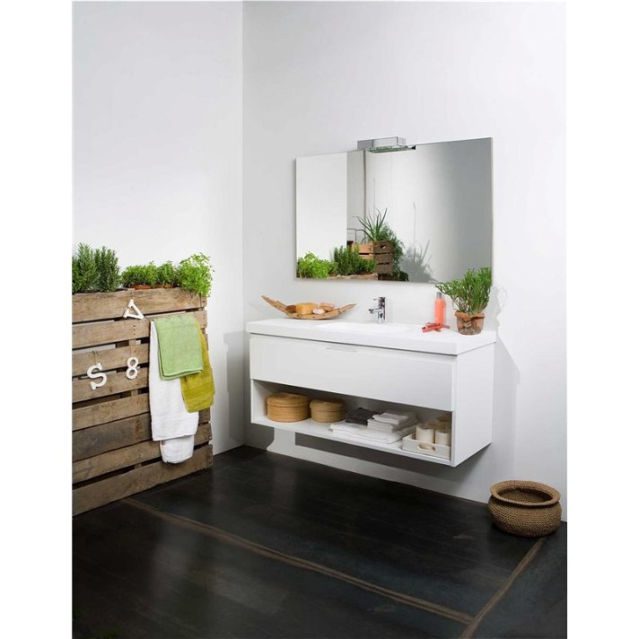 Móvel para casa de banho formado por uma gaveta e uma estante com lavatório incluído na cor branca Life B10