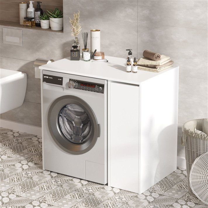 Mueble auxiliar de baño o lavadero con almacenamiento fabricado en melamina color blanco Forme