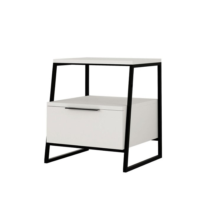 Mesa de noche minimalista en madera y metal de color blanco y negro con cajón Forme