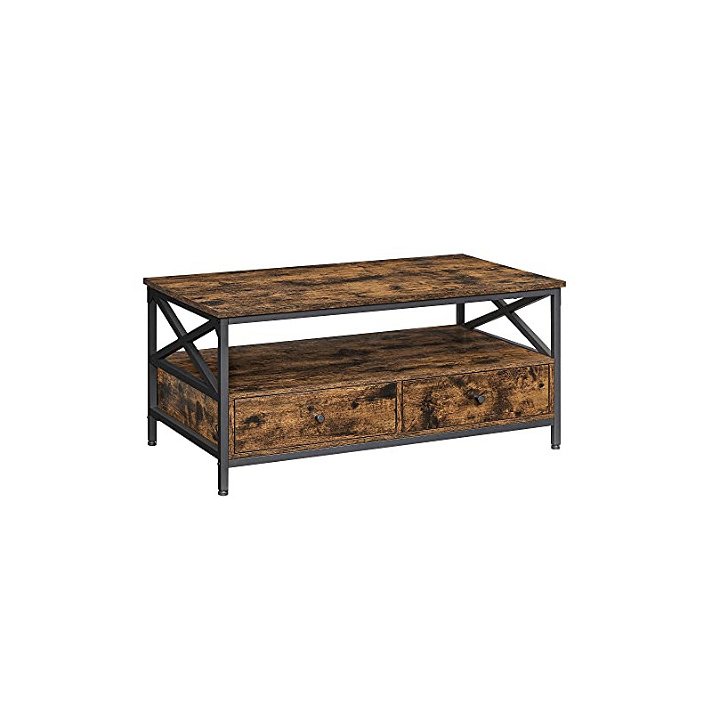 Mesa de centro rectangular de 100x45 cm fabricada en madera y metal con un acabado color marrón rústico y negro Vasagle