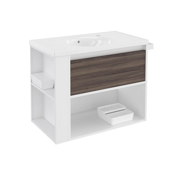 Mobile con lavabo in porcellana 80 cm Bianco-Frassino/Bianco B-Smart BATH+