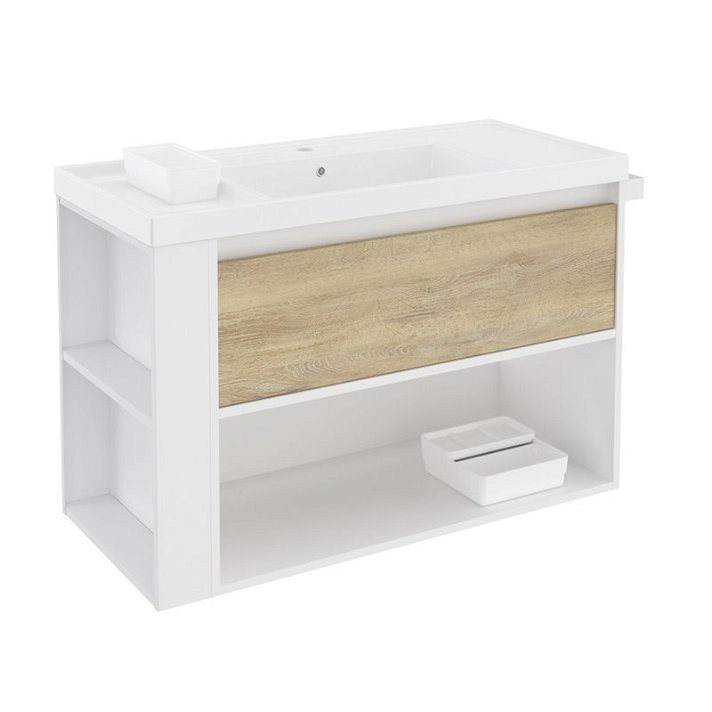 Mobile con lavabo in resina 100 cm Bianco-Rovere naturale/Bianco B-Smart BATH+