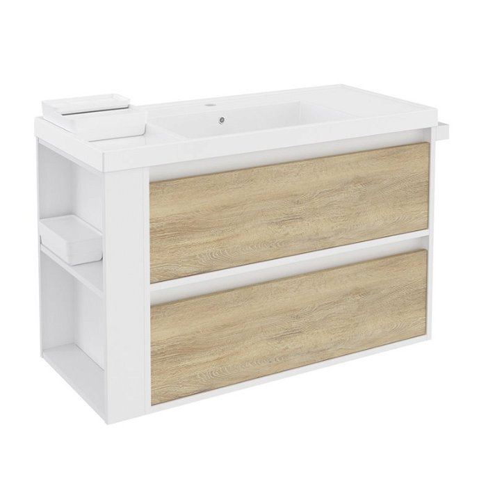 Mueble con lavabo resina 100cm Blanco-Roble nature/Blanco 2 cajones B-Smart Cosmic