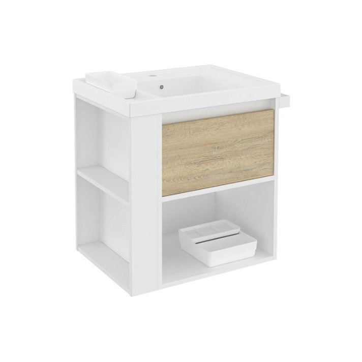 Mobile con lavabo in resina 60 cm Bianco-Rovere naturale/Bianco B-Smart BATH+