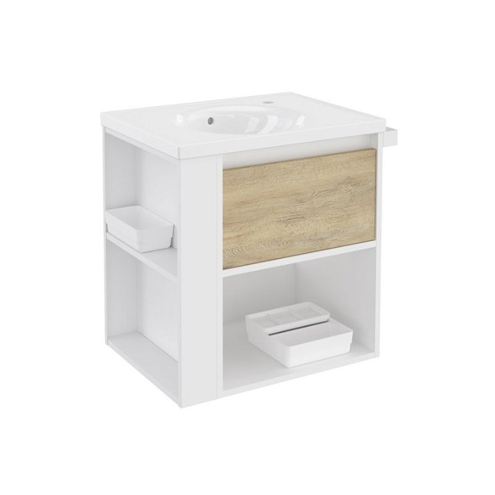 Mobile con lavabo in porcellana 60 cm Bianco-Rovere naturale/Bianco B-Smart BATH+