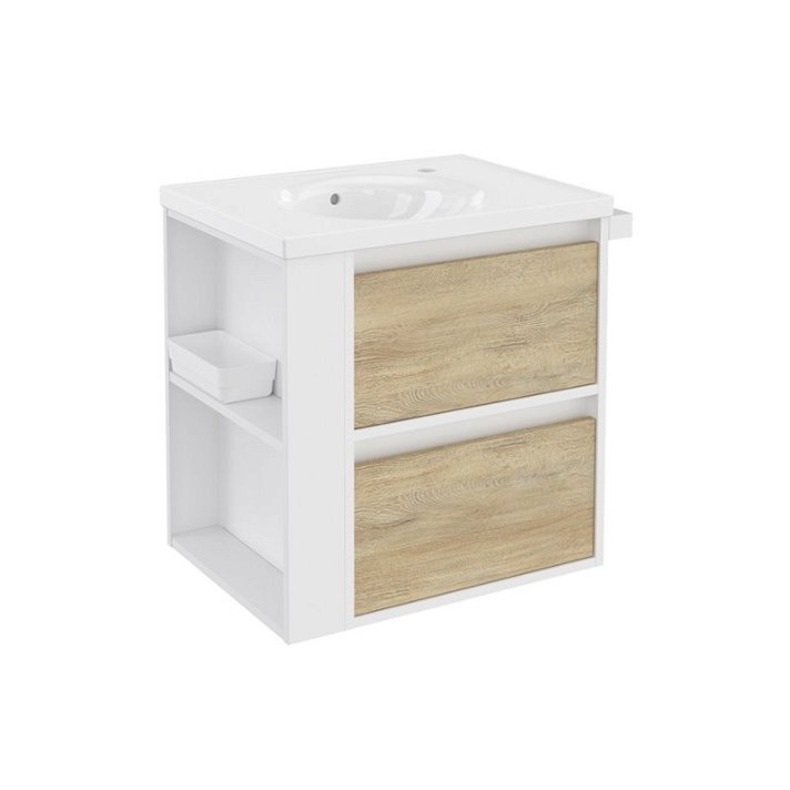 Mobile con lavabo in porcellana 60 cm Bianco-Rovere naturale/Bianco 2 cassetti B-smart BATH+