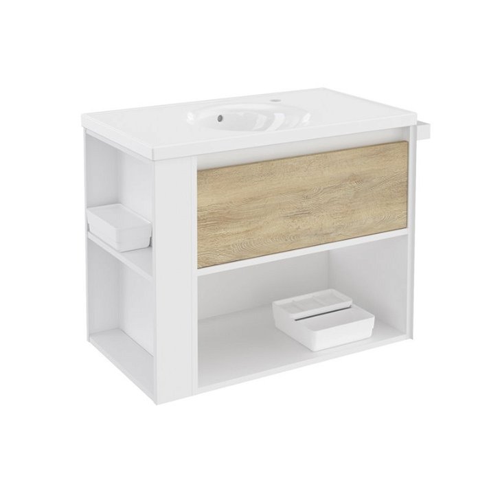 Mobile con lavabo in porcellana 80 cm Bianco-Rovere naturale/Bianco B-Smart BATH+