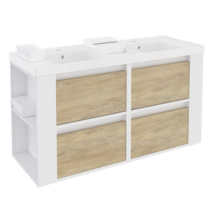 Mueble con lavabos resina 120cm Blanco-Roble nature/Blanco 4 cajones B-Smart Cosmic