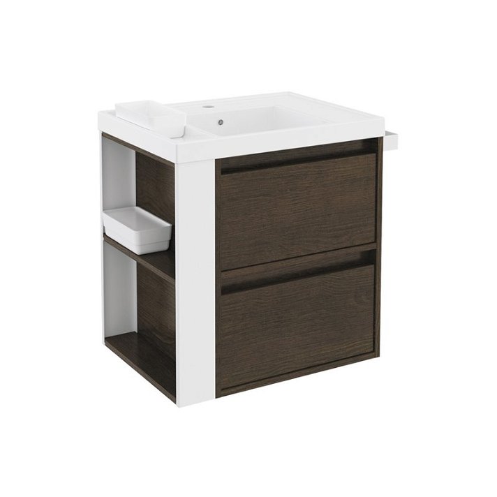 Mueble con lavabo resina 60cm Roble chocolate/Blanco 2 cajones B-Smart Cosmic