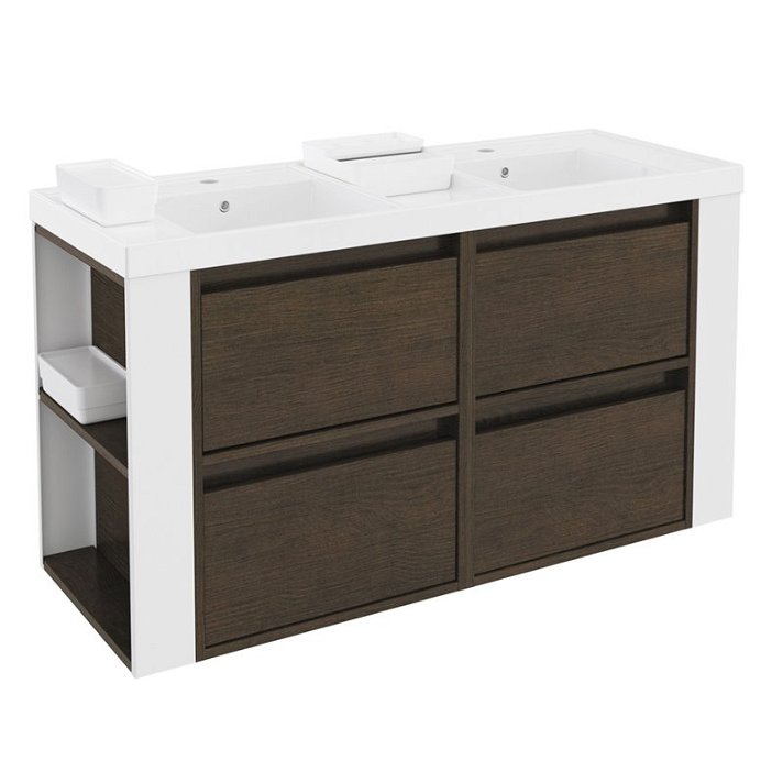 Mueble con lavabos resina 120cm Roble chocolate/Blanco 4 cajones B-Smart Cosmic